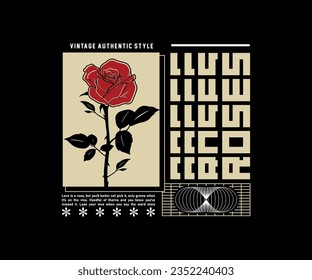 vintage and retro graphic design for creative clothing, with flower roses illustration for streetwear and urban style t-shirts design, hoodies, etc