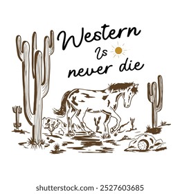 vintage and retro graphic design of a horse in the desert with cactus trees behind it, wild west theme, desert vibes, american cowboy