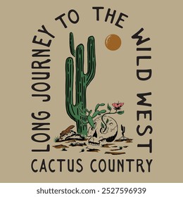 Diseño gráfico vintage y retro de la cabeza del cráneo con plantas y flores de cactus en él, tema del oeste salvaje u occidental, atmósfera del desierto con árboles de cactus y cabezas de cráneo.