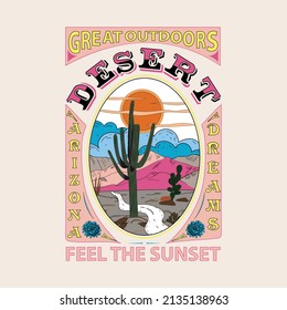 Gráfico retro vintage, gran desierto al aire libre en Arizona, arte vectorial de tema del desierto para impresiones de camisetas, afiches y otros usos.