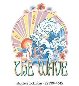 Vintage retro graphic for summer beach prints, Beach vibes vintage graphic print design for apparel and others. Big Waves island artwork design.