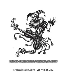 Vintage retro grunge dark art skeleton clown. Dancing Jester clown costume vector illustration