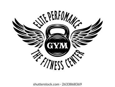Vintage retro gym fitness equipment. Kettlebell gym fitness with wings logo vector template