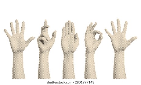 Vintage retro halftone hands in various gestures vector illustration with circle dots pattern isolated on transparent background