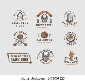 Vintage retro halloween logos, emblems, badges, labels, marks, patches. Vector Art. Monochrome Graphic Art. Line woodcut style.
