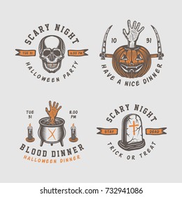 Vintage retro halloween logos, emblems, badges, labels, marks, patches. Vector Illustration. Monochrome graphic art.

