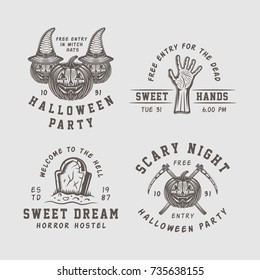 Vintage retro halloween logos, emblems, badges, labels, marks, patches. Vector Illustration. Monochrome graphic art.

