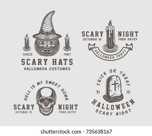 Vintage retro halloween logos, emblems, badges, labels, marks, patches. Vector Illustration. Monochrome graphic art.

