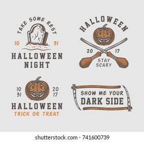 Vintage retro halloween logos, emblems, badges, labels, marks, patches. Monochrome Graphic Art. Illustration. Vector.