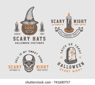 Vintage retro halloween logos, emblems, badges, labels, marks, patches. Monochrome Graphic Art. Illustration. Vector.