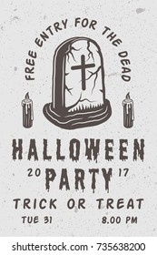 Vintage retro halloween scary poster with grave. Monochrome Graphic Art. Vector Illustration.

