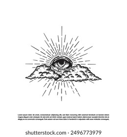 Vintage retro hand drawn all seeing eyes vector art, Shining eyes in the sky illustration