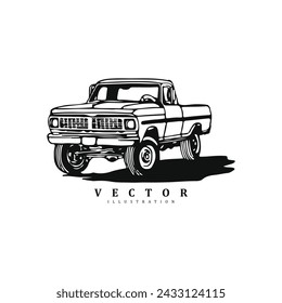 Vintage retro hand drawn American pickup truck vector art illustration