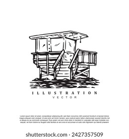 Vintage retro hand drawn beach lifeguard post vector art illustration