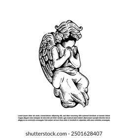 Vintage retro hand drawn beauty Goddess angel praying vector sketch art