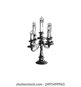 Vintage retro hand drawn burning candle candelabra vector illustration