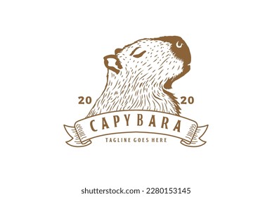 Vintage Retro Hand Drawn Capybara Head with Ribbon Logo Design