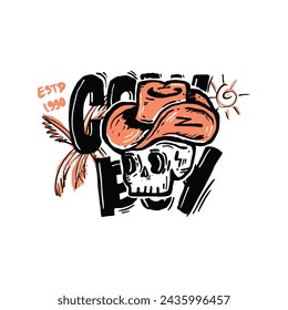 Vintage retro hand drawn cowboy skull vector, Cowboy typography sketch illustration