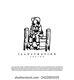 Vintage retro hand drawn cowgirl sit on wooden fence logo vector design