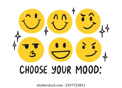 Vintage retro hand drawn crayon smiley face illustration print with slogan choose your mood for graphic t shirt, poster or sticker . Vector illustration