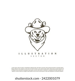 Vintage retro hand drawn cute dog face wearing hat logo design vector