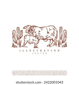 Vintage retro hand drawn desert cow vector design for your brand or business