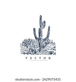 Vintage retro hand drawn desert growth cactus design vector art illustration