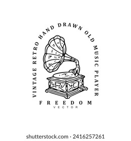 Vintage retro hand drawn engraving phonograph logo design badge