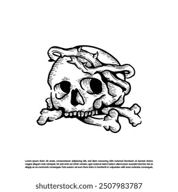 Vintage retro hand drawn engraving crossbones skull with thorn crown vector art illustration