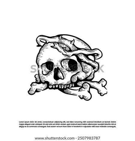 Vintage retro hand drawn engraving crossbones skull with thorn crown vector art illustration