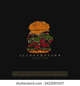 Vintage retro hand drawn fast food burger logo design isolated on black background