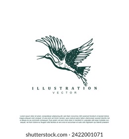 Vintage retro hand drawn flying heron bird logo design vector