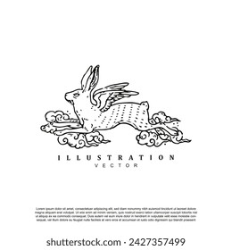 Vintage retro hand drawn flying winged rabbit bunny vector art illustration