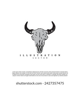 Vintage retro hand drawn grunge engraved bull head skull logo design isolated on white background