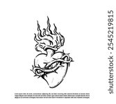 Vintage retro hand drawn heart fire with sharp thorn and flame vector art illustration