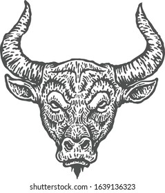 Vintage retro hand drawn illustration of a Bull with long horns and angry face. One color inking with a lot of detail and strokes. Suitable for logo and branding purposes.