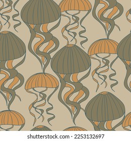 Vintage Retro Hand Drawn Jellyfish Seamless Pattern