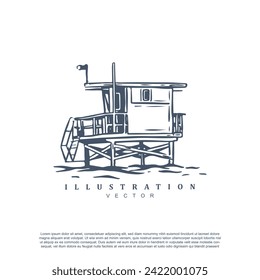 Vintage retro hand drawn lifeguard tower vector art illustration