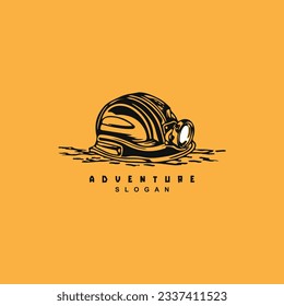 Vintage retro hand drawn mining adventure helmet logo design isolated on yellow background