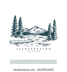 Vintage retro hand drawn mountain  forest with lake logo design isolated on white background