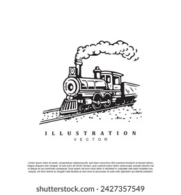 Vintage retro hand drawn old classic locomotive logo design vector art illustration