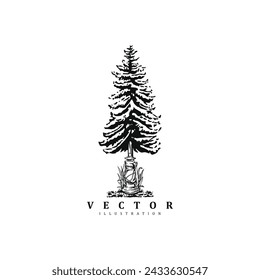 Vintage retro hand drawn pine tree with lantern lamp logo design vector illustration