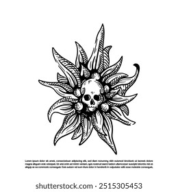 Vintage retro hand drawn poisonous flower with skull vector illustration