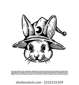 Vintage retro hand drawn rabbit face wearing moon witch hat vector art illustration