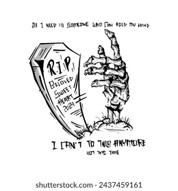 Vintage retro hand drawn raising skeleton arms in graveyard vector, Horror zombie sketch art 