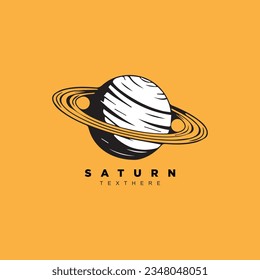 Vintage retro hand drawn Saturn planet logo design isolated on yellow background