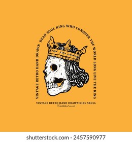 Vintage retro hand drawn skull king vector death king sketch art illustration isolated on yellow background