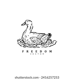 Vintage retro hand drawn swimming duck in the pond logo design vector