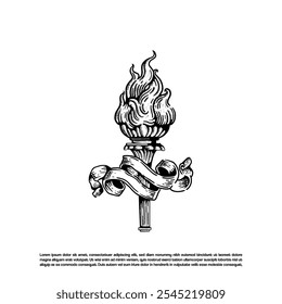 Vintage retro hand drawn torch flame with ribbon vector illustration