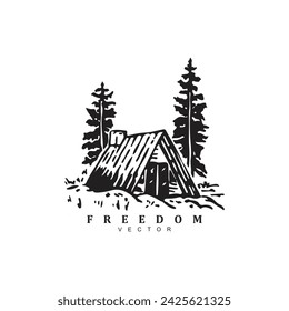 Vintage retro hand drawn triangle wooden cabin house in the forest vector art illustration